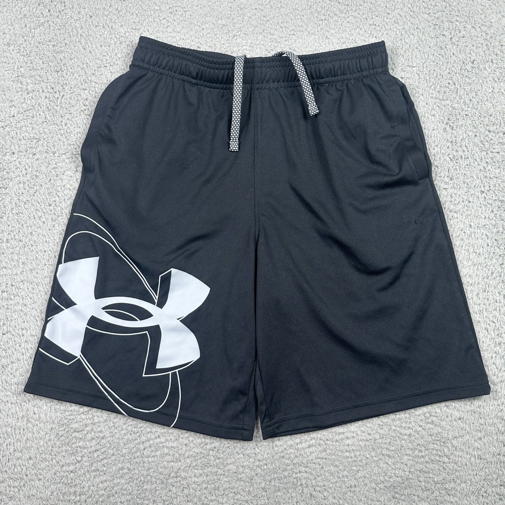 Under Armour Prototype Logo Athletic Shorts Boys Large Black Drawstring 1361819